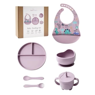 Imagen de Edrian, set juego vajilla Bebe 6 piezas silicona libre de BPA ideal bebes, no toxico plato antideslizante+bol con ventosa+vaso+cubiertos iniciación+babero ajustable recogedor,para regalo, Color Rosa
