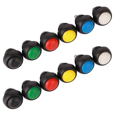 Imagen de GTIWUNG 12 Piezas Interruptor de Botón Momentáneo, 12mm a Prueba Agua Lockless Pulsador ON/OFF, Mini Interruptores, 6 Colores, Negro/Blanco/Rojo/Verde/Amarillo/Azul