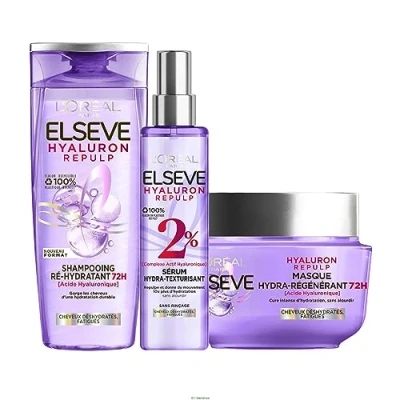 Imagen de L&#039;OREAL Paris L&#039;Oréal Rutina de cuidado capilar para cabello deshidratado Hidratación 72H con ácido hialurónico 3 productos Champú, suero y máscara Elseve Hyaluron Repulp