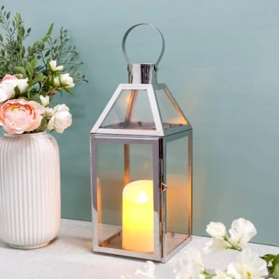 Imagen de JHY DESIGN Farol de Vela Acero Inoxidable, 34 cm Alto, Linterna Cristal, candelabros, Accesorios balcón para Velas Interior o Exterior, Bodas (Plata)
