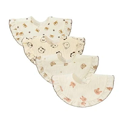 Imagen de Nishine 4 piezas Unisex bebé muselina Bandana Drool Baberos 360 grados giratorio algodón dentición alimentación babeo para niño niña (Animales)