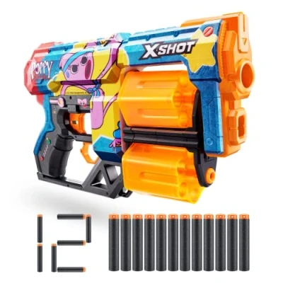 Imagen de X Shot Skins Dread Blaster Poppy Playtime (Kissy) de ZURU con 12 Dardos, Doble Barril Giratorio, tecnología Dardos Bolsillo Aire, Lanzador Espuma Juguete para niños, Adolescentes y