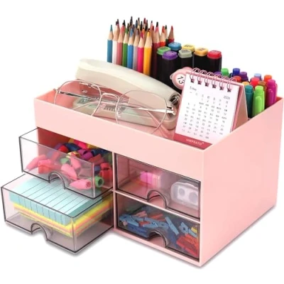 Imagen de KAHEIGN Organizador de Escritorio con 4 Cajones, 19CM x 14CM Multifuncional Portalápices Gran Capacidad Maquillaje para Oficina Escuela Hogar Mesa (Rosa)