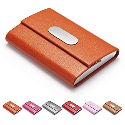 Imagen de FACATH Tarjetero de Visita Piel sintética y Acero Inoxidable, Nombre Empresa, Cartera para Tarjetas crédito, Bolsillo Metal, portatarjetas con Cierre magnético, Color Naranja