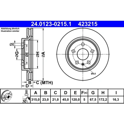Imagen de ATE 24.0123 0215.1 Disco de freno 315,0 23,0 5 120,0 ventilado revestido con tornillos OPEL: Insignia B Grand Sport