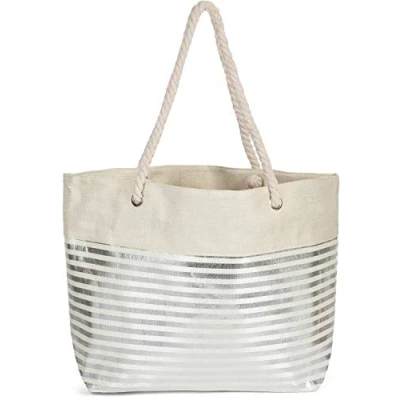 Imagen de styleBREAKER Bolso para la Playa XXL de Mujer con Estampado Rayas metálicas y Cremallera, Hombro, Compras 02012281, Color:Beige Oro