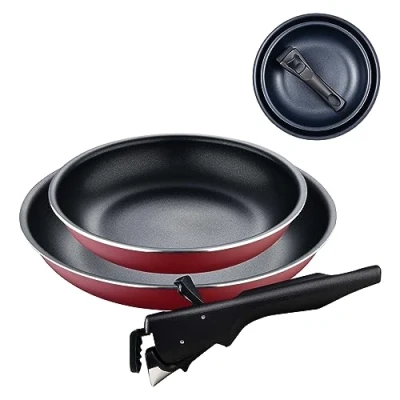 Imagen de Bergner Click&amp;Cook Red Edition Juego de Sartenes 3 Piezas 22 y 26 cm + Mango Ergonómico Extraíble Aluminio Prensado Antiadherente para Todo Tipo Cocinas Horno