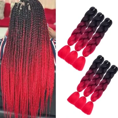 Imagen de 6 paquetes de trenzas rojas, cabello artificial kanekalon, jumbo 24 &quot;, crochet Box braiding hair teje pelo sintético rojo (vino negro)