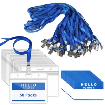 Imagen de Gimars 50SETS Funda de Tarjeta Identificación PVC Transparente Portatarjeta Impermeable Horizontal con Clip Colgante Identificativa Cinta Cuello para Conferencias Empleados Ferias,Azul
