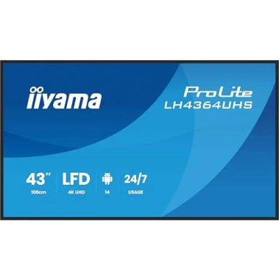Imagen de iiyama Prolite LH4364UHS B1AG Pantalla de señalización digital VA LED 4K UHD HDMI USB C 2.0 RS 232c RJ45 Android 14 OS iiSignage² WiFi Media Player 24/7 negro antirreflejos