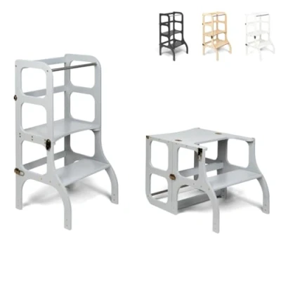 Imagen de Ette Tete Step’n’Sit® Montessori Torre Mesa de Aprendizaje Convertible Multifuncional 2 en 1 (con Cierres latón Antiguo, Gris)