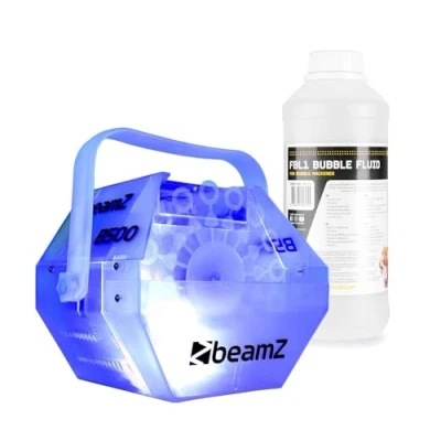Imagen de BeamZ B500LED Máquina de burbujas con LEDs multicolor, 1L líquido incluido, diseño transparente, potente ventilador, uso automático, perfecta para fiestas, eventos y ferias infantiles