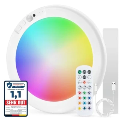 Imagen de Combuh Led Plafon Techo Bateria Sin Cables, RGB Lampara Recargable con Sensor de Movimiento, mando, para Baño, Garaje, Terraza, Dormitorio, 1 Unidad