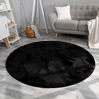 Imagen de TT Home Alfombra De Pelo Largo Suave Monocromo Moderna, Color: Negras, Tamaño:80 cm Redondo