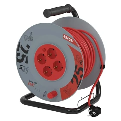Imagen de EMOS Carrete de cable 25m con alargador reforzado 4 enchufes Schuko 230 V, 16 A, 3680 W Aislamiento PVC H05VV F3G 2,5 mm2 Protección contra sobrecalentamiento IP20 para
