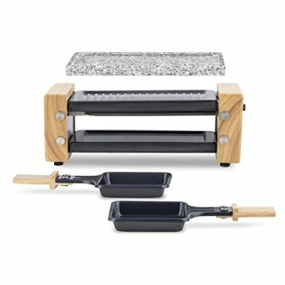 Imagen de H.Koenig Raclettegerät Duo Multifunktion 2 Personen WOD2 Naturholzdesign, Herausnehmbarer Granitstein, Professionelles Käsefondue Raclette, antihaftbeschichtete Pfännchen, Holzspachteln