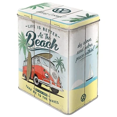 Imagen de Nostalgic Art Caja de almacenamiento retro L, VW Bulli Beach Idea regalo furgoneta Volkswagen, Lata grande café, Diseño vintage, 3 l
