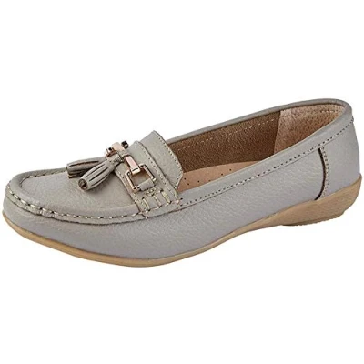 Imagen de Mocasines planos de cuero para mujer, informales, cómodos, deslizantes, con tacón cuña baja, zapatos trabajo, gris (mushroom), 40 EU