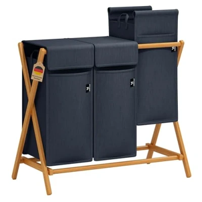Imagen de AdelDream cesto para ropa sucia 3 compartimentos de bambú sistema clasificación cestos en forma X clasificador 150l gris