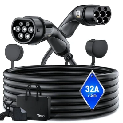 Imagen de Tera Cable de Carga Tipo 2 22 kW, 32 A, 7,5 Metros, 3 Fases, a 2, Mennekes, Certificado IP55 CE y TÜV rápida, para Coche eléctrico VE/PEV, DC Negro