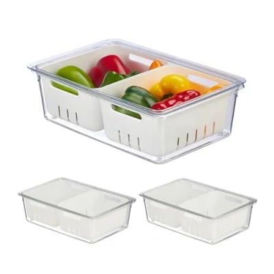 Imagen de Relaxdays Organizador Nevera, Set 3, Apilable, 2 Cestas Escurridoras, Almacenaje Alimentos con Tapa, Transparente/Blanco, 10 x 33,5 22 cm