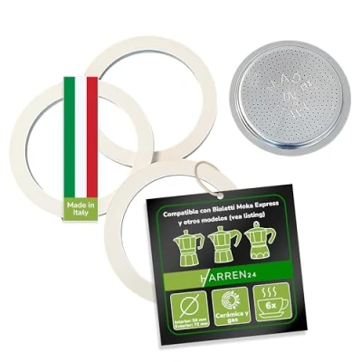 Imagen de Harren24 Filtro y 3 juntas para cafetera espresso, compatible con espresso Bialetti 6 tazas, diámetro exterior 72 mm, 7,2 cm, interior 64 6,4 junta de repuesto, anillo