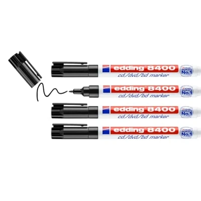 Imagen de edding 8400 marcador de CD/DVD/BD negro 4 rotuladores punta redondeada fina 0,5 1 mm para el etiquetado permanente CD, DVD y discos Blu ray