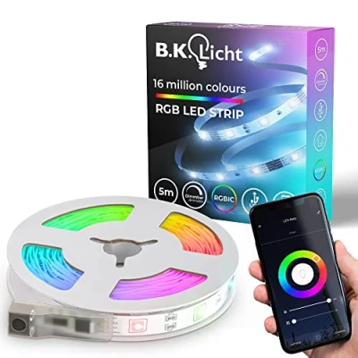 Imagen de B.K.Licht I Tira LED Wifi RGBIC 5 m USB Control por App Sensor de Música Barra Luz Chaser Compatible con Alexa Banda Inteligente Autoadhesiva.