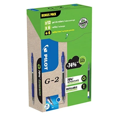 Imagen de Pilot Greenpack G 2 Gel, 0,7 mm, azul, 12 bolígrafos y recargas