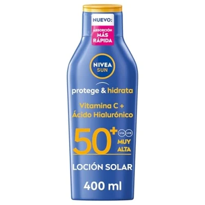 Imagen de NIVEA SUN Protege &amp; Hidrata Leche solar FP50+ (1 x 400 ml), protector hidratante y resistente al agua con protección UVA/UVB, muy alta