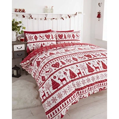 Imagen de Noel Juego edredón tamaño Super King con 2 Fundas de Almohada, diseño árboles Navidad, Poliéster, Rojo, SuperKing, Matrimonio Grande