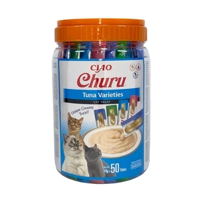 Imagen de INABA Churu Premios para Gatos Snacks Receta con Atún, Varios Sabores Textura Cremosa Sin Cereales, Conservantes, Colorantes Sólo 6 Cal 50x14g