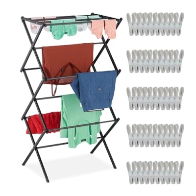 Imagen de Relaxdays Tendedero Plegable, Extensible, 11 Varillas, 6 Niveles, Soporte para Colada Metálico, Tipo Torre, Negro, Hierro, 106 x 43 74 38 cm