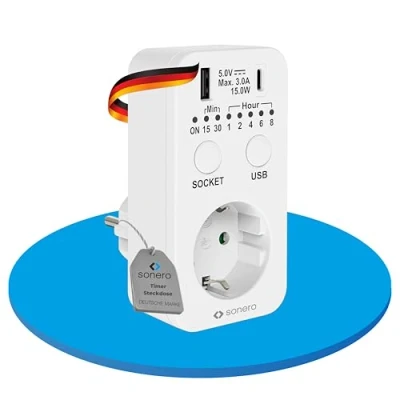 Imagen de Sonero Toma de Corriente con Temporizador, Interruptor Cuenta atrás, Temporizador 230V, conexión USB y C, programable, Blanco