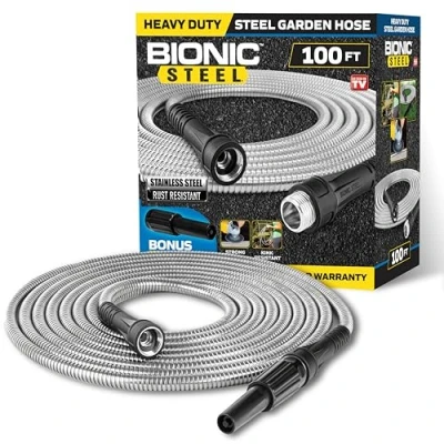Imagen de BIONIC STEEL manguera de jardín 100 pies, agua metal acero inoxidable 304 flexible, sin torceduras, ultraligera y duradera, resistente a los aplastamientos