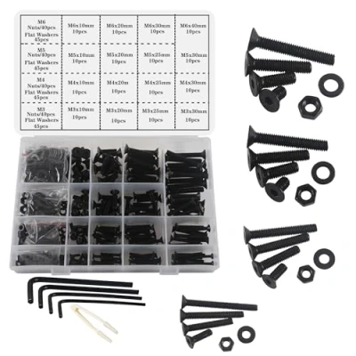 Imagen de huruirui M3 M4 M5 M6 Tuercas y Tornillos Juego de 500pcs Hexagonales Allen Acero con al Carbono Negro Tuerca Perno Arandela Plana Llaves