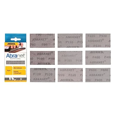 Imagen de Mirka Abranet Tiras de lijado malla (70 mm x 125 mm, velcro / mezcla, 1 cada grano 80, 100, 120, 150, 180, 220, 320, 400, 600 9 unidades), para madera, espátula, barniz, plástico
