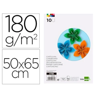 Imagen de CARTULINA LIDERPAPEL 50X65 CM 180G/M2 10 COLORES SURTIDOS PAQUETE DE HOJAS