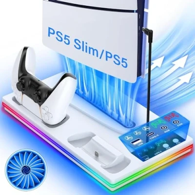 Imagen de 3 en 1 Soporte PS5 con Cargador Mando y Ventilador de Velocidades, Vertical para PlayStation 5 Slim &amp; Standard Disco/Digital, Refrigerador Luz RGB 2 Puertos USB