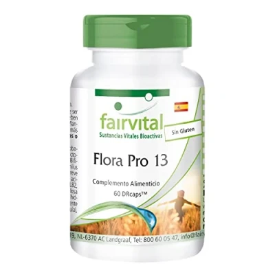 Imagen de Fairvital Flora Pro 13 Probiótico con Cepas Bacterianas Lactobacilos + Bifidobacterias Streptococcus Inulina Liberación retardada 60 Cápsulas Calidad Alemana