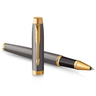 Imagen de Parker Bolígrafo roller IM lacado gris con adornos dorados punta fina de acero inoxidable estuche regalo