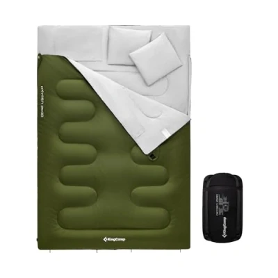 Imagen de KingCamp Saco de Dormir Doble con Almohadas Extra Grande para 3 Estaciones Adulto Impermeable Acampar Festivales Senderismo Interiores o Exteriores