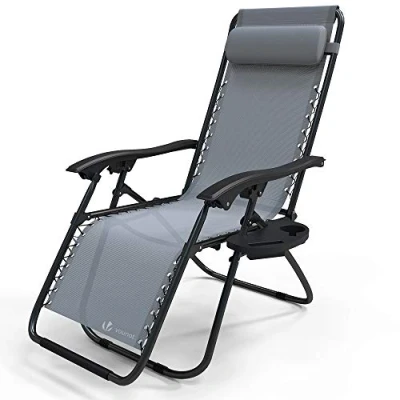 Imagen de VOUNOT Tumbona Plegable Multiposicione Jardín, Silla Gravedad Cero Reclinable, con Soporte para Bebidas y Reposacabezas Axtraíble, Carga máxima 120kg, Gris