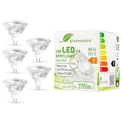 Imagen de greenandco 5x Spot LED MR16 GU5.3, 3W 300lm 2700K (blanco cálido) COB 38 12V AC/DC, no regulable