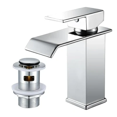 Imagen de WasserRhythm Grifos para lavabo de baño, grifo mezclador cascada con desagüe emergente, moder una sola palanca, cromado