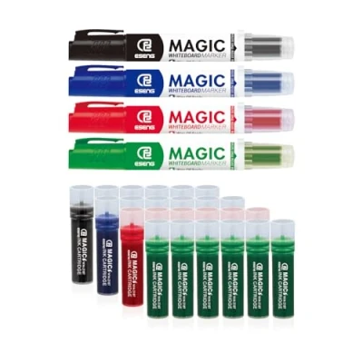 Imagen de ESENG® Magic WM 218 marcador para pizarra blanca y cartucho de tinta 218T, Paquete incl. (1X4 colores) (1X6 negro+1X6 azul+1X6 rojo+1X6 verde)