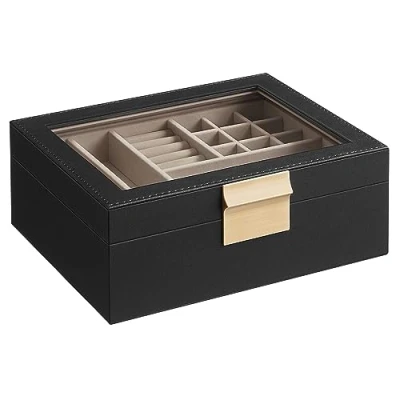 Imagen de SONGMICS Caja de Joyas, Joyero 2 Niveles con Bandeja Extraíble, Estuche Joyería, Tapa Cristal, Cajones, Estilo Moderno, Idea Regalo, Negro Grafito y Dorado Metálico JBC238B01