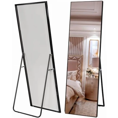 Imagen de Marctani Espejo de Pie Cuerpo Entero Grande y Largo Esquinas Cuadradas con Soporte Trasero Montaje Pared Apoyado Marco Metal para Dormitorio, Baño o Salon (Negro 165x60)