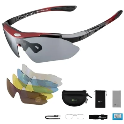 Imagen de MUGI Gafas de Sol Polarizadas para Ciclismo, Running y Deportes 5 Lentes Intercambiables, Protección UV 400, Anti Viento Antideslizantes Bicicleta Hombre Mujer (Rojo)