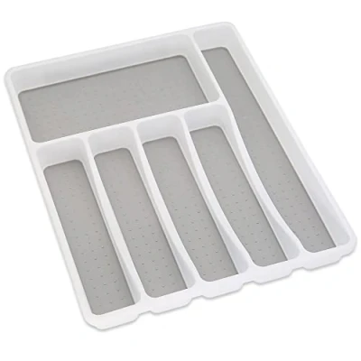 Imagen de Addis Bandeja organizadora de utensilios cocina con 6 compartimentos tacto suave, color blanco y gris, secciones